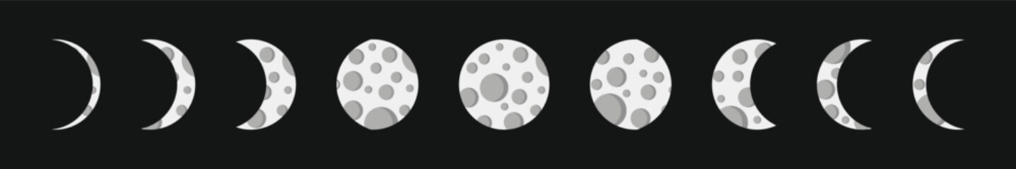 Obraz premium Moon phases vector. Lunar cycle icons. Black white gray design. Astronomical symbols set.