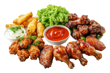 Delicious variety of chicken wings and appetizers isolated on transparent background