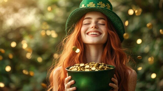 A joyful woman in a green hat celebrating St. Patrick's Day, surrounded by gold coins and glowing light. Perfect for holiday promotions and festive content.