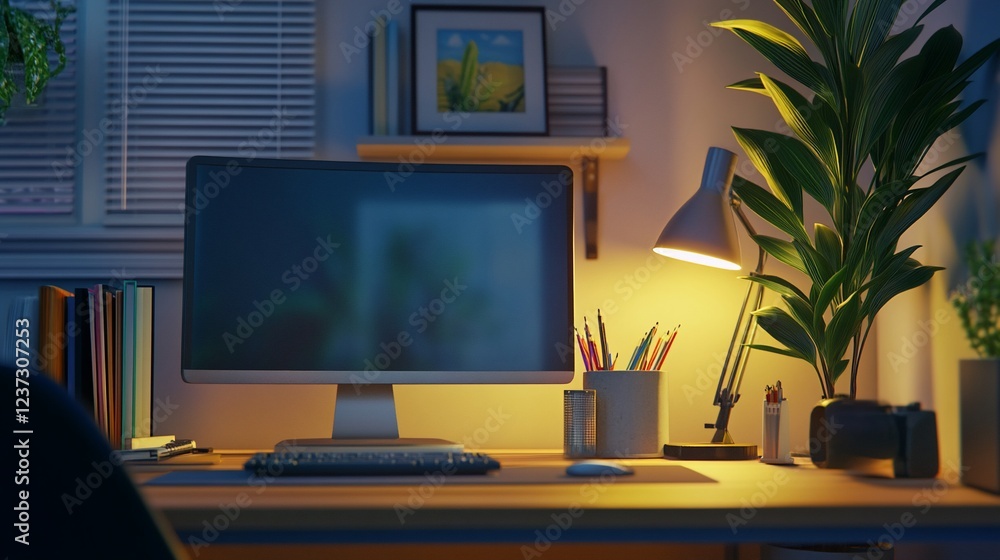 Poster a cozy workspace illuminated by a warm desk lamp, featuring a computer monitor and desk essentials.