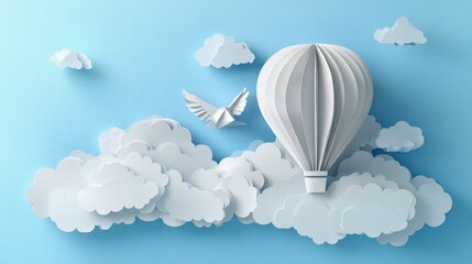 Paper hot air balloon and origami bird soar through fluffy paper clouds in a light blue sky