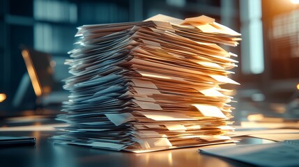 A pile of financial reports with a zoomed-in filename header, paper edges crisp and clean, with faint sunlight streaming across the desk