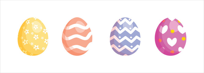 Set of colorful decorated Easter eggs with floral, geometric, and seasonal patterns. Flat illustration style. Easter celebration and springtime holiday concept.