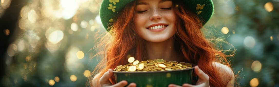 A joyful woman in a green hat celebrating St. Patrick's Day, surrounded by gold coins and glowing light. Perfect for holiday promotions and festive content.