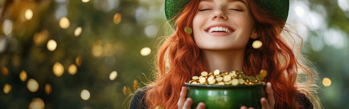 A joyful woman in a green hat celebrating St. Patrick's Day, surrounded by gold coins and glowing light. Perfect for holiday promotions and festive content.