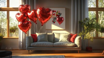 Romantic living room with heart balloons