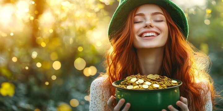 A joyful woman in a green hat celebrating St. Patrick's Day, surrounded by gold coins and glowing light. Perfect for holiday promotions and festive content.