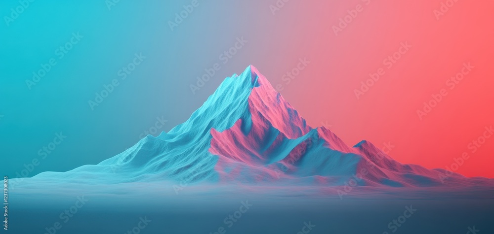 Poster a stunning digital rendering of a mountain surrounded by vibrant colors, creating a surreal and capt
