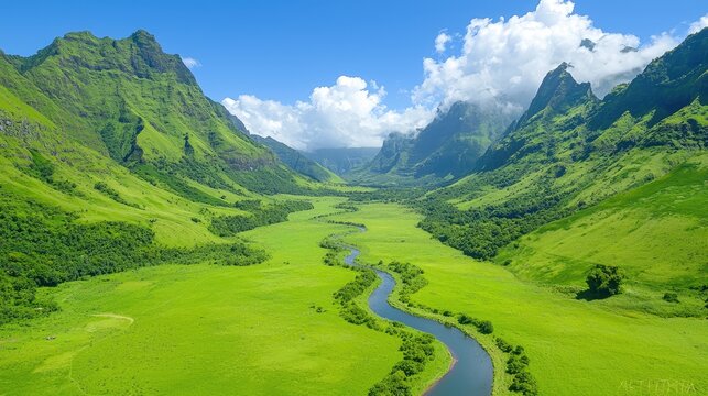 Lush valley river aerial view, sunny day, green landscape, travel poster