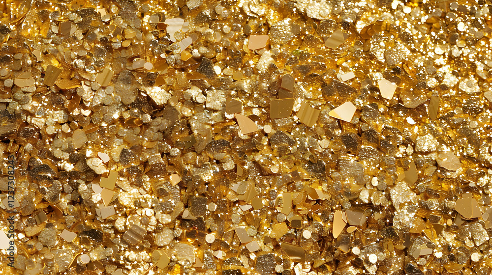 Poster a close-up view of shimmering gold glitter particles in various shapes and sizes.