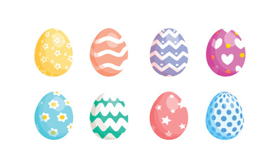 Easter eggs drawing clipart set. Happy easter egg flat clip art collection in colorful and multicolored paint art for traditional hunting celebration. Vector illustration flat oval shape elements. 