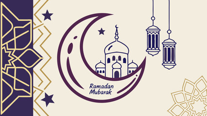 Ramadan Mubarak Celebration with Crescent Moon and Lanterns