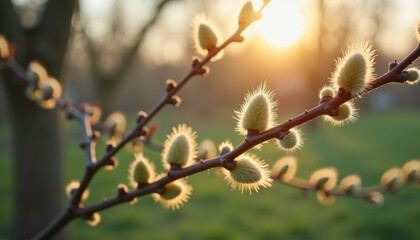 Photorealistic Easter willow branches with a close-up of soft, fuzzy catkins on delicate willow twigs, natural daylight with a warm spring glow, in a serene and peaceful mood with copy space