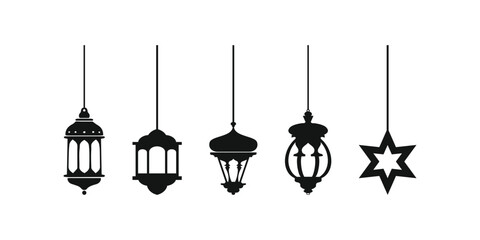 Set of ramadan lanterns in black silhouette, collection of flat style design vector illustrations of happy ramadan lantern decoration.