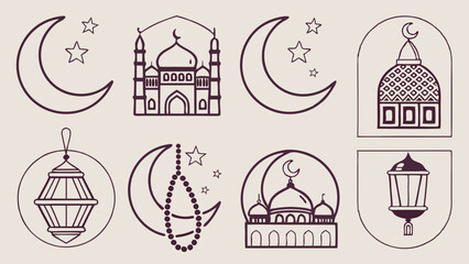 Fototapeta premium Islamic Symbols Collection Featuring Mosques, Moons, Lanterns, and Prayer Beads
