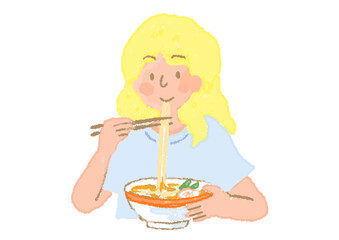 ラーメンを食べている女性
