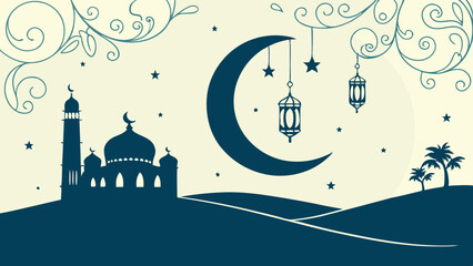 Naklejka premium Cultural Islamic Scene: Mosque, Crescent Moon, Lanterns, Stars