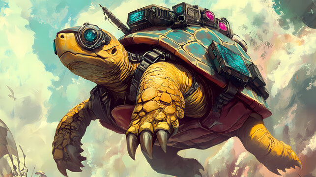 Resilient turtle character in solar punk theme. Solar Punk. Illustration