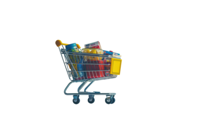 Miniature shopping cart filled with groceries on transparent background