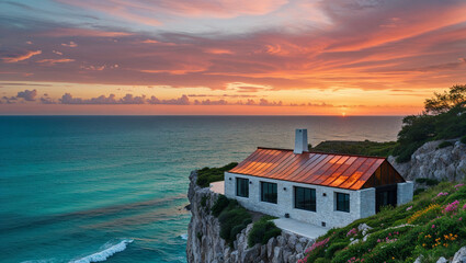 Fototapeta premium Coastal Sunset House Oceanfront Dream Home Vacation Rental