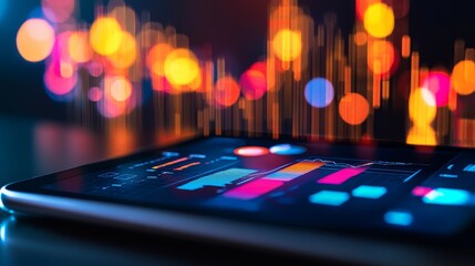Fototapeta premium Close-up of a tablet showing an interactive content strategy plan, bright vibrant colors, digital charts and icons glowing, abstract tech background, High-Definition CGI
