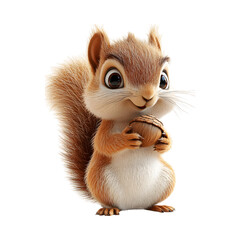 Fluffy 3D Cartoon Squirrel with a Nut Isolated on Transparent Background