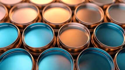 Fototapeta premium Close-up view of vibrant oil barrels in metallic shades, stacked tightly to form a textured industrial background with striking reflections