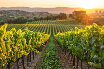 Obraz premium Rows of grape vines with golden leaves in a vineyard at sunset. AI generative. .