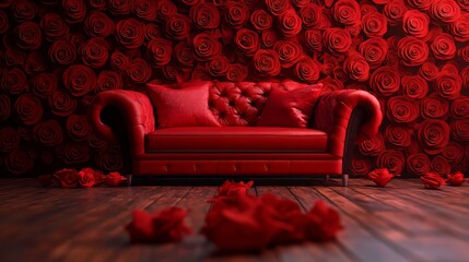 Red sofa against a rose wall