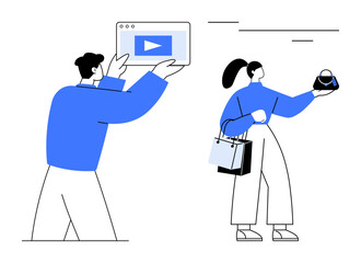 Man holding tablet with play button, woman carrying shopping bags and holding macaron. Ideal for e-commerce, online shopping, digital marketing, social media, influencer marketing, lifestyle, video