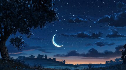 Naklejka premium Crescent Moon Night Landscape: Serene Night Sky with Stars and a Single Tree