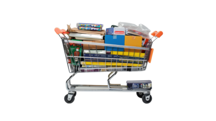Shopping cart overflowing with school supplies on transparent background