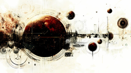 Obraz premium A celestial body with circles on a white backdrop is a vintage grunge punk cropped space assemblage piece for multimedia layouts. Solar Punk. Illustration