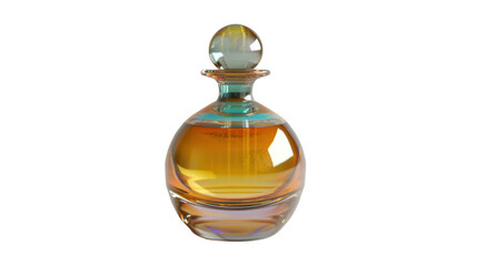 Elegant glass perfume bottle filled with golden fragrance on transparent background
