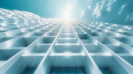 Obraz premium Abstract perspective of a white grid building with a blue sky and clouds. AI generative. .