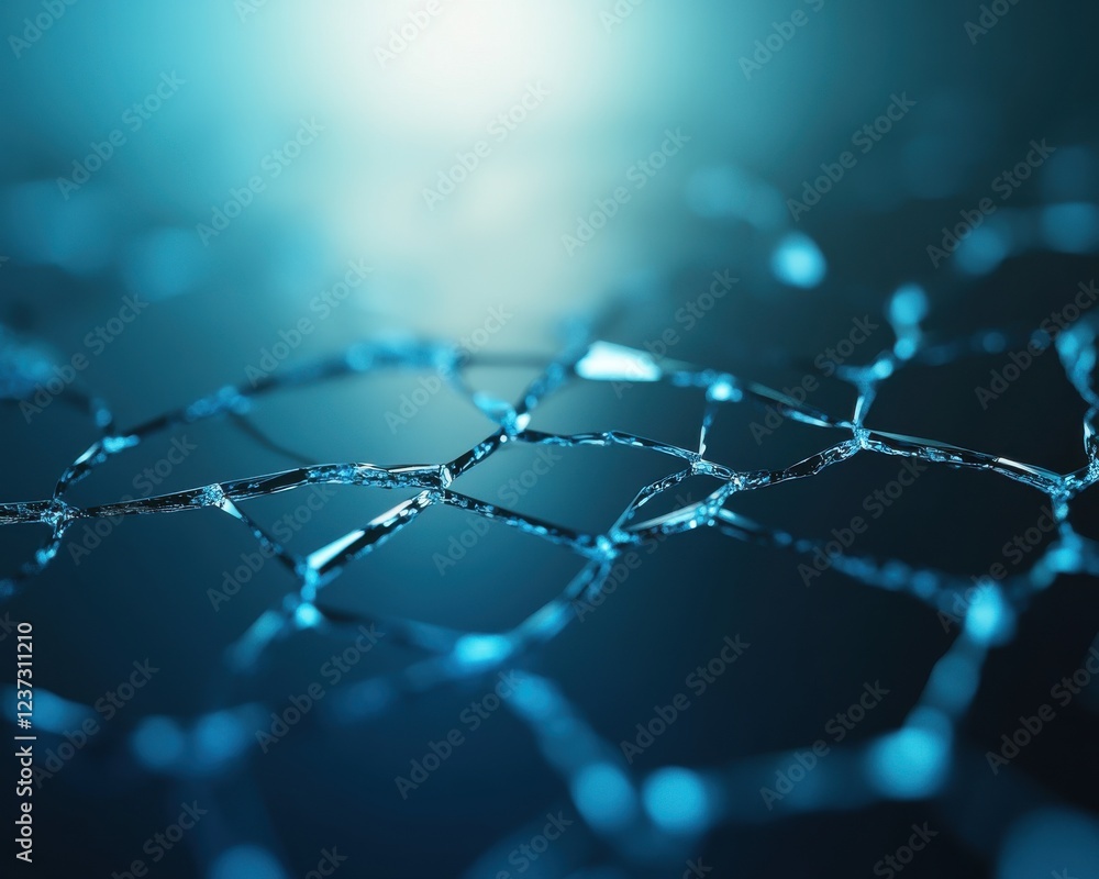 Poster abstract close-up of interconnected water molecules, creating a web of blue light and reflections, s