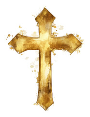 Gold cross with watercolor splashes in background isolated on transparent background