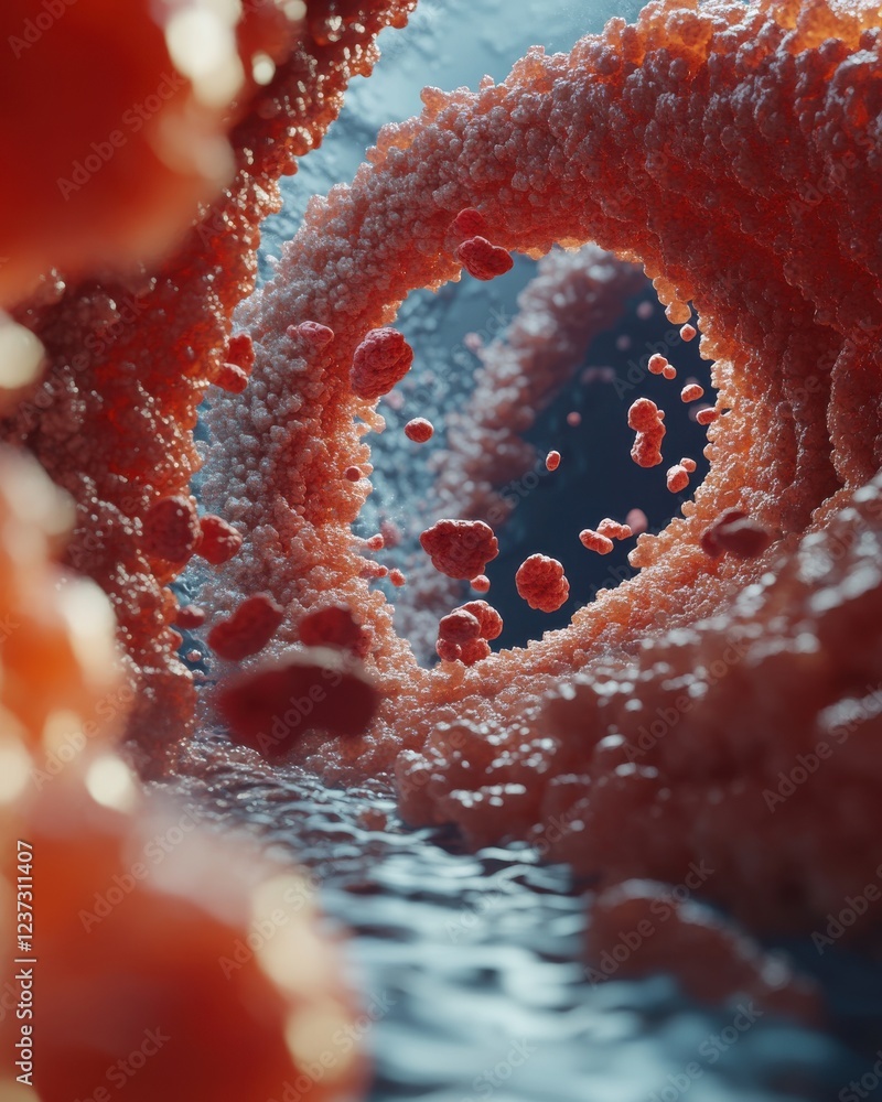 Poster abstract view of a microscopic environment, showcasing swirling particles and fluid dynamics in vibr