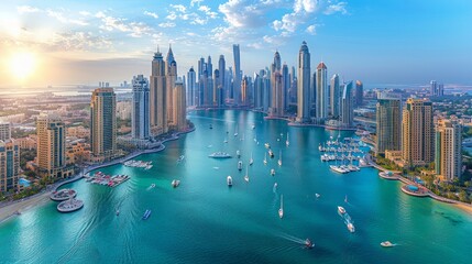 Fototapeta premium Aerial view of Dubai skyline with skyscrapers and yachts in the water. AI generative. .