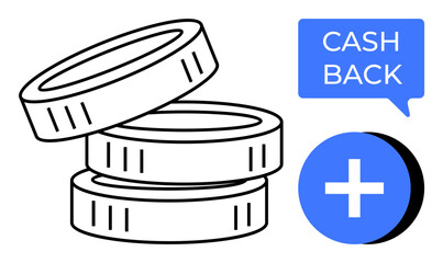 Stacks of coins with CASH BACK speech bubble and plus sign. Ideal for finance, savings, rewards, promotions, customer loyalty, banking incentives, money management. Minimalist abstract line flat