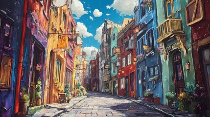 Fototapeta premium Fantasy city street view. Solar Punk. Illustration