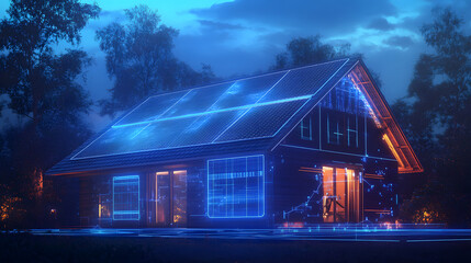 Fototapeta premium Futuristic solar panel designs with holographic interfaces that display energy production, efficiency, and storage capacities in smart home environments.