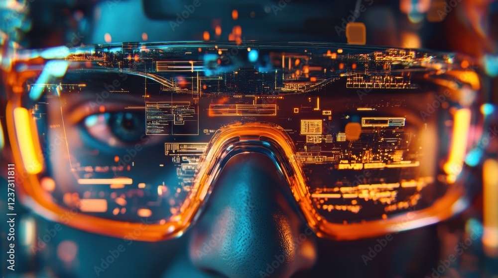 Poster close up of futuristic augmented reality glasses displaying holographic data being analyzed by an en