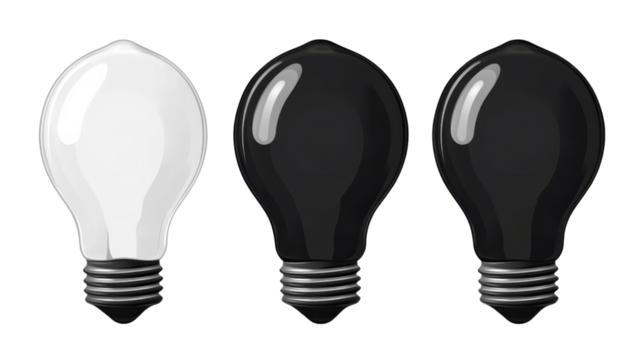 Three light bulbs showing different states on transparent background