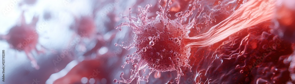 Poster close-up view of vibrant red cells showcasing intricate details and textures in a dynamic environmen