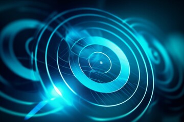 Abstract blue glowing circular lines on a dark blue background. AI generative. .
