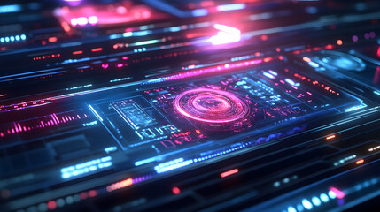 Obraz premium Futuristic solar panels featuring a detailed holographic visualization of energy production, with emphasis on eco-friendly solutions and energy independence.