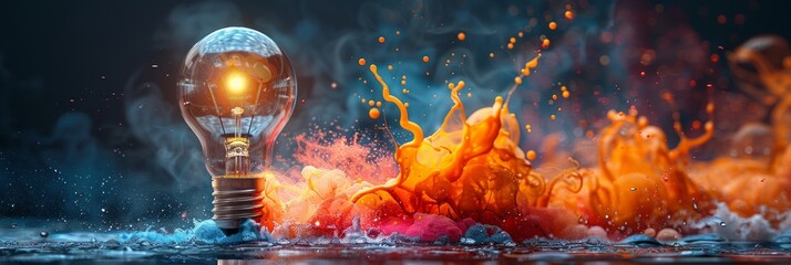 Glowing lightbulb with a splash of orange, red and blue ink. AI generative. .