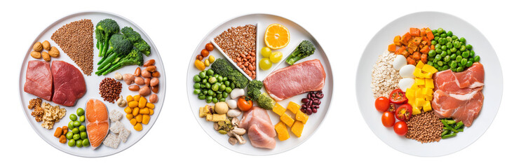 Healthy Meal Ingredients on White Plates Isolated on transparent background