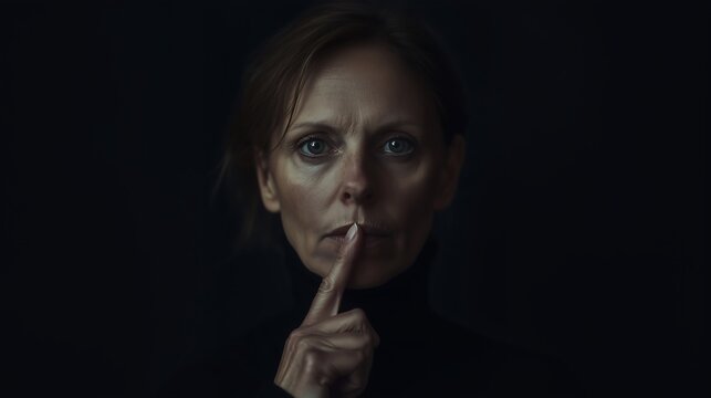 Uma senhora, mulher de meia idade pedindo sil&ecirc;ncio atrav&eacute;s de gestos